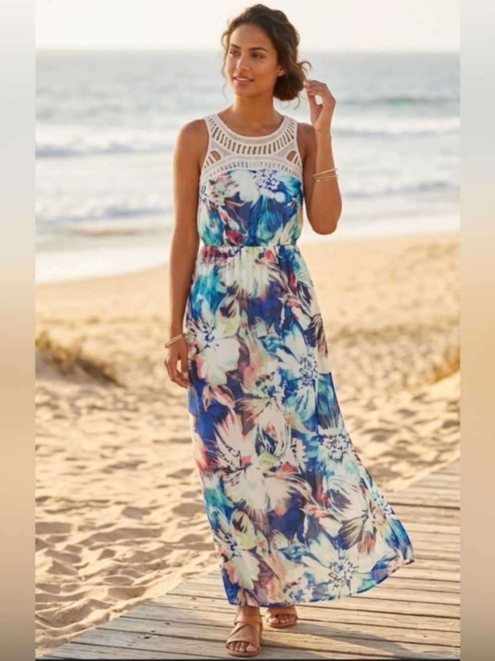 Floral Maxi Dress with Sleeveless Design Decorative Crochet Neckline Size XL